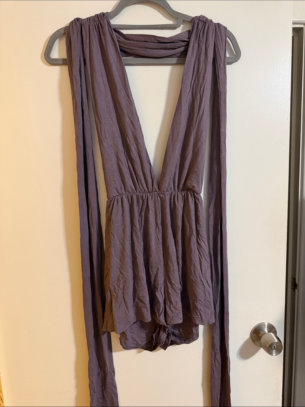 Lulu's Dusty Mauve Deep-V Romper with Draped Sashes